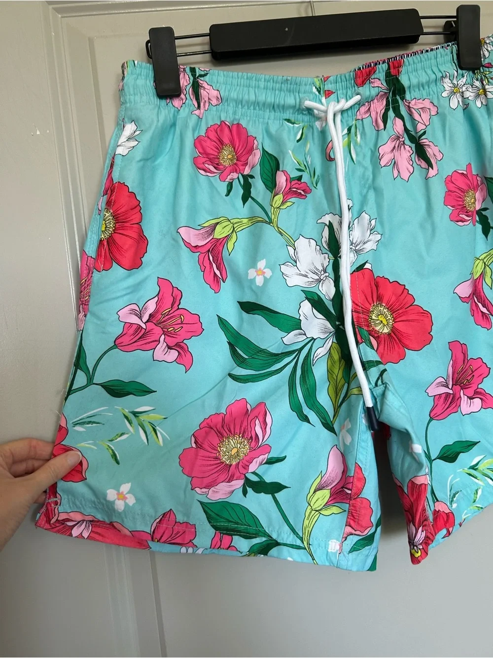 Men's Turquoise Floral Swim Trunks with Pink Flower Print